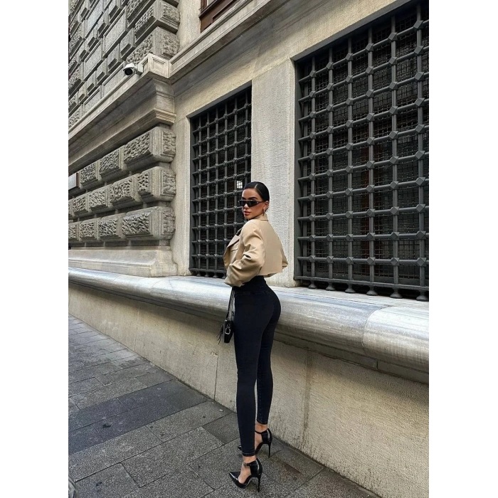 Siyah Yüksel Bel En Boy Likralı Kot Tayt