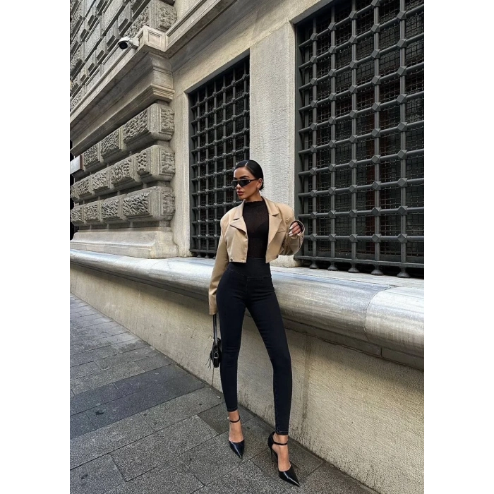 Siyah Yüksel Bel En Boy Likralı Kot Tayt