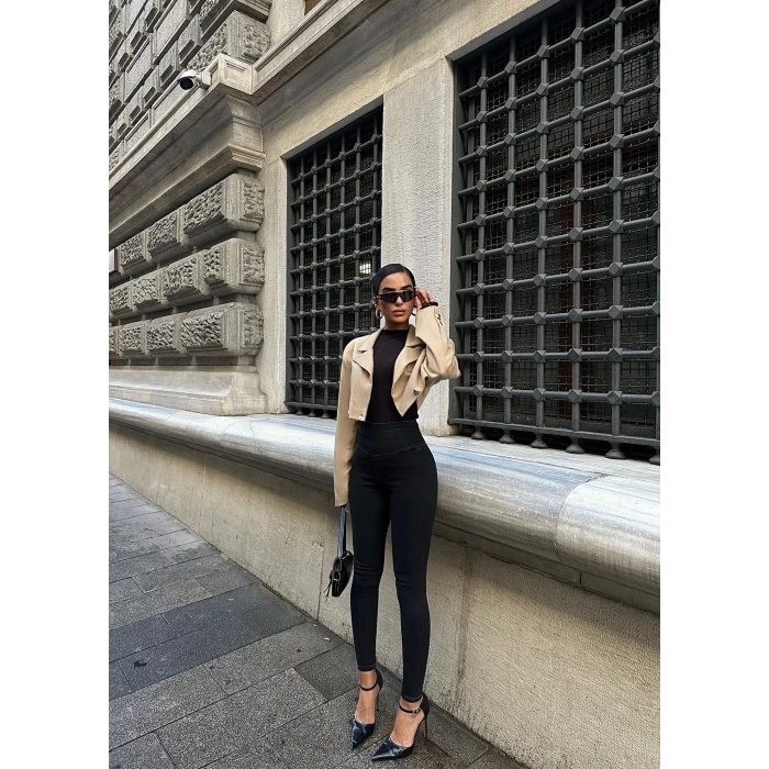 Siyah Yüksel Bel En Boy Likralı Kot Tayt