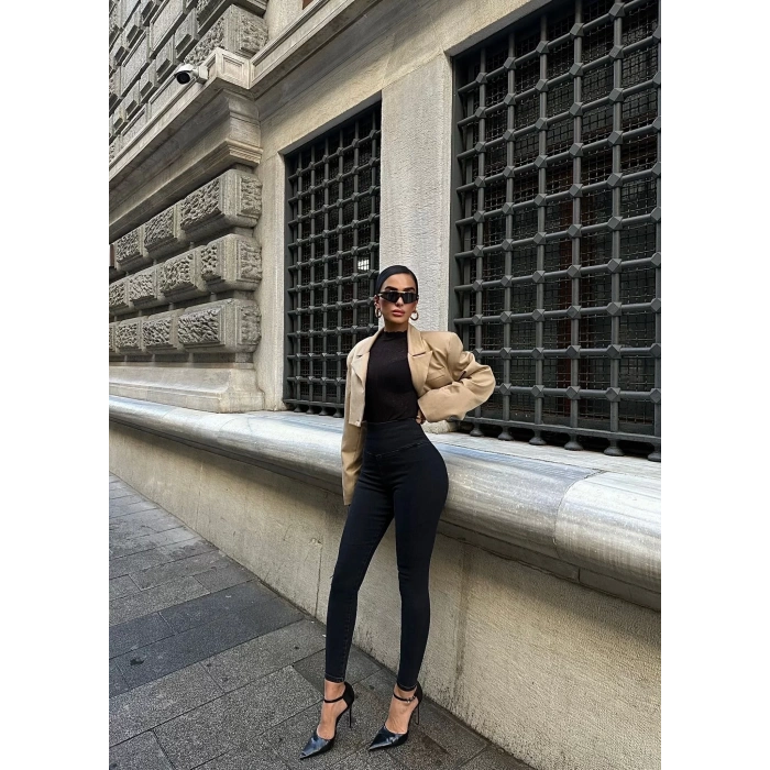 Siyah Yüksel Bel En Boy Likralı Kot Tayt