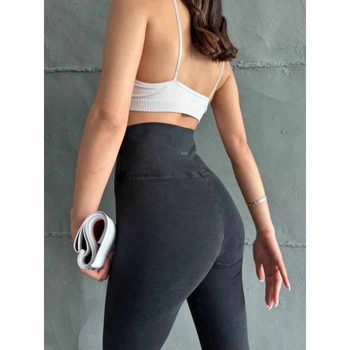 Siyah Yüksel Bel İnceltici Esnek Likralı Kot Tayt