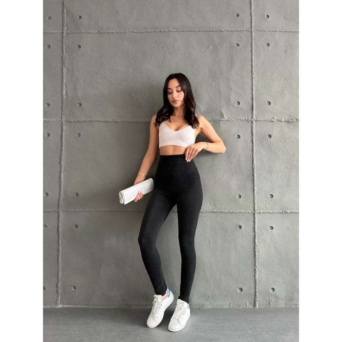 Siyah Yüksel Bel İnceltici Esnek Likralı Kot Tayt