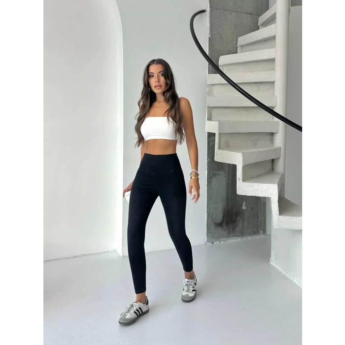 Siyah Yüksel Bel İnceltici ve Sıkılaştırıcı Likralı Kot Tayt