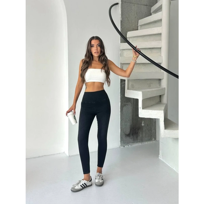 Siyah Yüksel Bel İnceltici ve Sıkılaştırıcı Likralı Kot Tayt