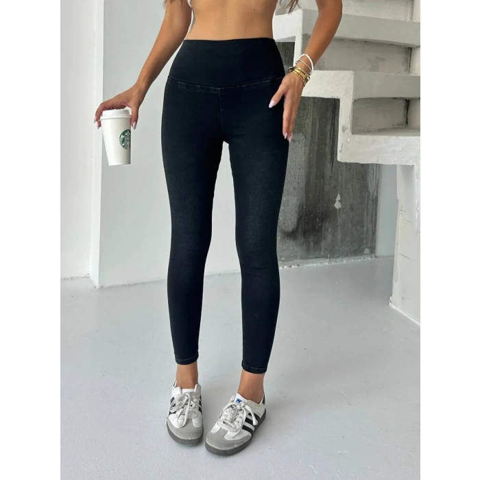 Siyah Yüksel Bel İnceltici ve Sıkılaştırıcı Likralı Kot Tayt