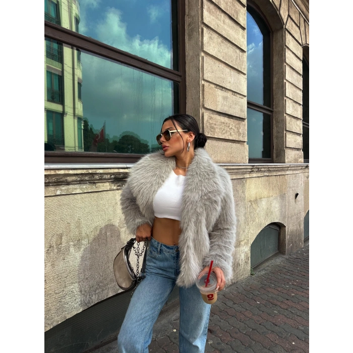 Taş Şal Yaka İçi Astarlı Kürk Kaban