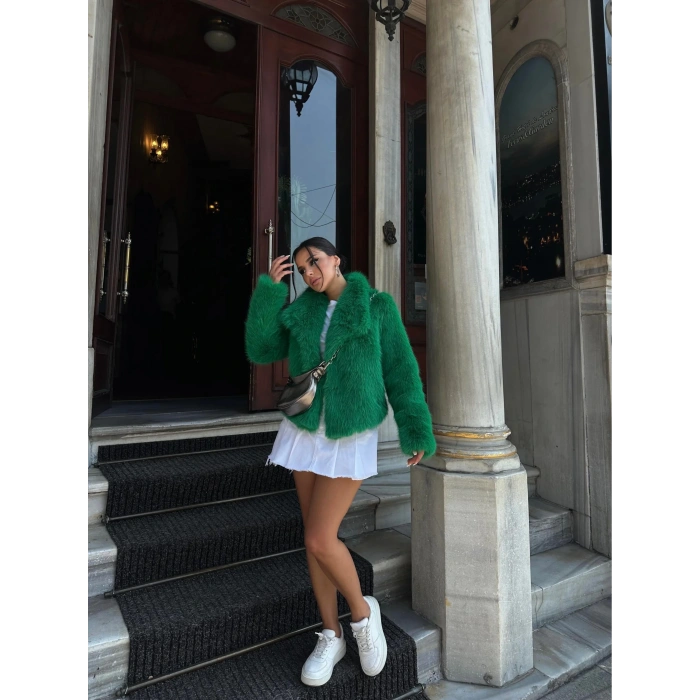 Yeşil Şal Yaka İçi Astarlı Kürk Kaban