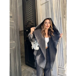 Antrasit Arkadan V Yırtmaç Kapşonlu Kot Mont