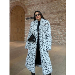 Beyaz Leopar Ceket Yaka İçi Satarlı Uzun İthal Kürk Kaban