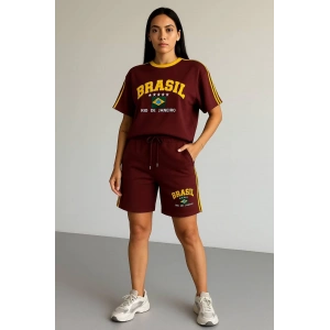 Bordo Brasil Oversize Unisex Şortlu Takım