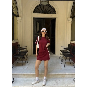 Bordo Şeritli Şort Etekli Modal Takım