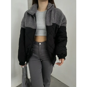 Gri Kapitone İçi Astarlı Kürklü Mont