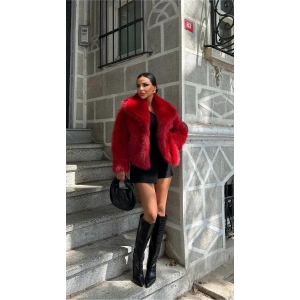 Kırmızı Şal Yaka İçi Astarlı Kürk Kaban