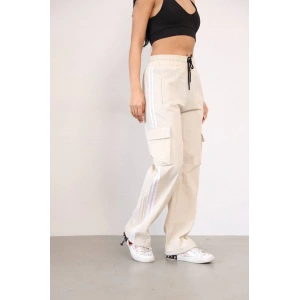 Krem Çift Şerit Kargo Cep Paraşüt Eşofman