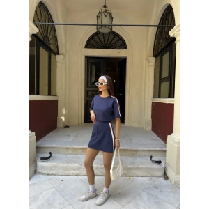 Lacivert Şeritli Şort Etekli Modal Takım