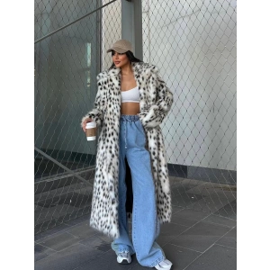 Leopar Ceket Yaka İçi Satarlı Uzun Kürk Kaban