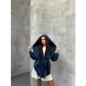 Mavi Arkadan V Yırtmaç Kapşonlu Kot Mont