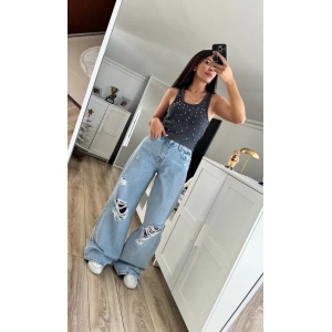 Mavi Yırtık Detay Baggy Denim Pantolon