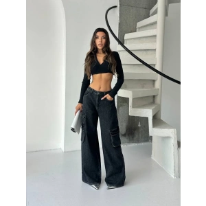 Siyah Kargo Cep Oversize Kot Pantolon