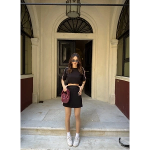 Siyah Şeritli Şort Etekli Modal Takım