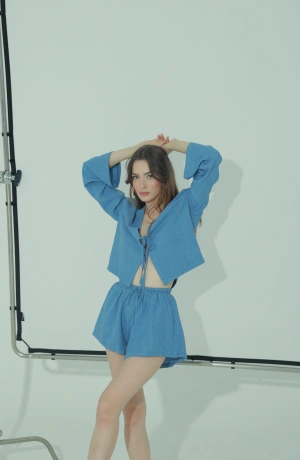 Keten Mavi Şort Takım