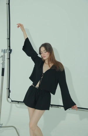 Keten Siyah Şort Takım