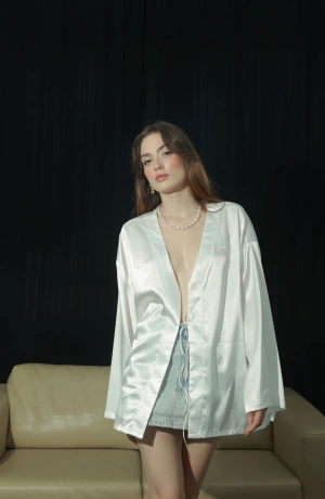 Saten Oversize Beyaz Gömlek