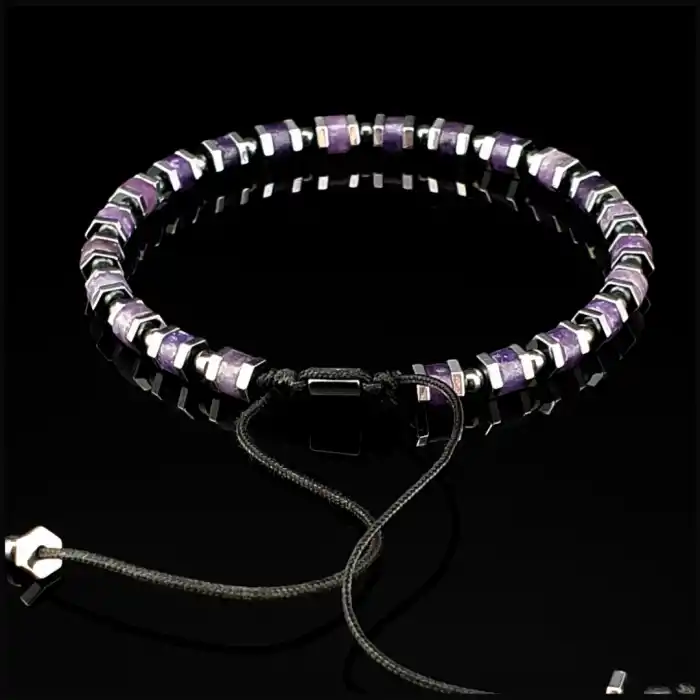 Ametist, Hematit Taşları Slim Doğal Taş Makrome Bileklik, Ayarlanabilir