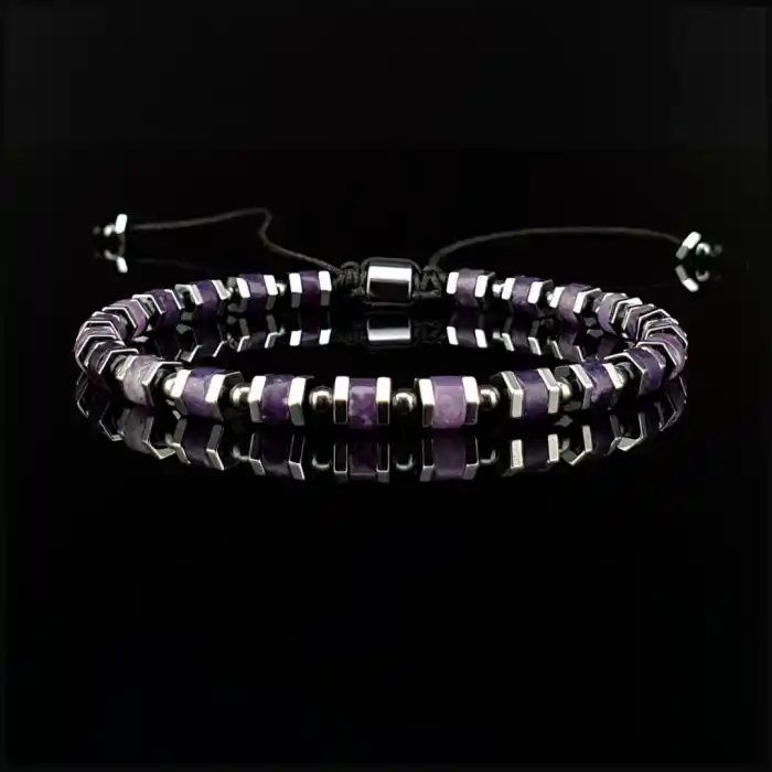 Ametist, Hematit Taşları Slim Doğal Taş Makrome Bileklik, Ayarlanabilir