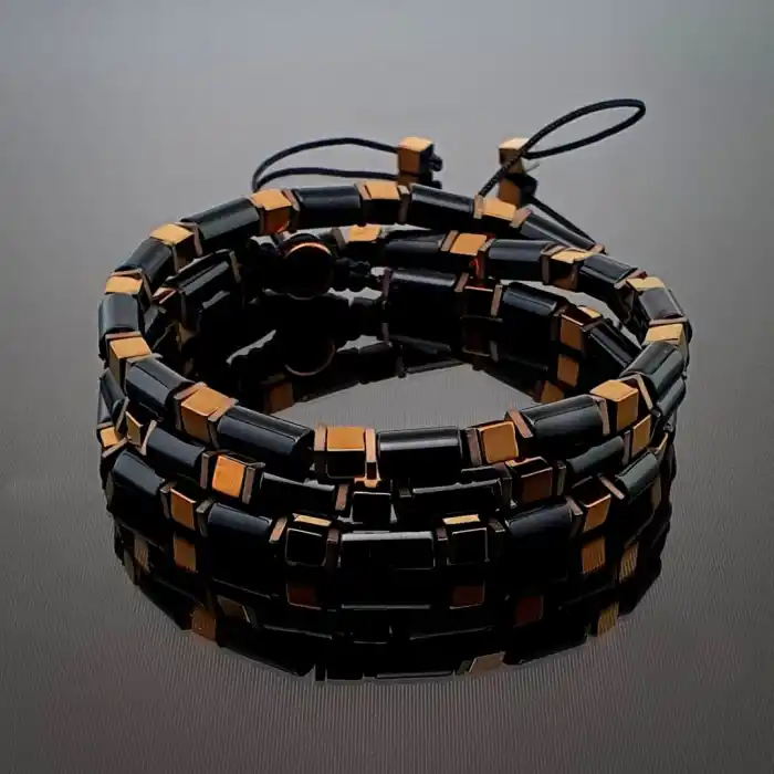 El yapımı Bakır Hematit ve Siyah Akik Taşı Bileklik Kolye Set