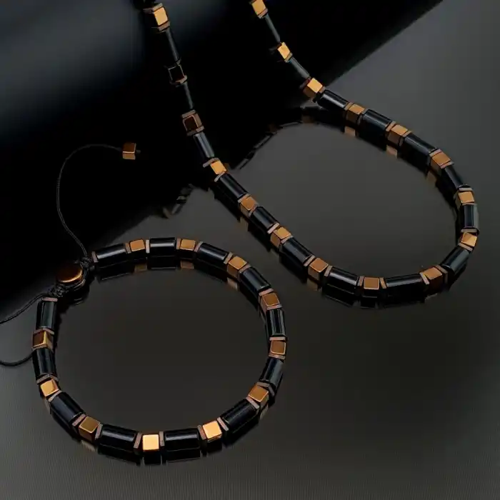 El yapımı Bakır Hematit ve Siyah Akik Taşı Bileklik Kolye Set