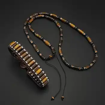 Orijinal Doğal Taş Kaplan Gözü Silindir Akik ve Hematit Kolye Bileklik Set