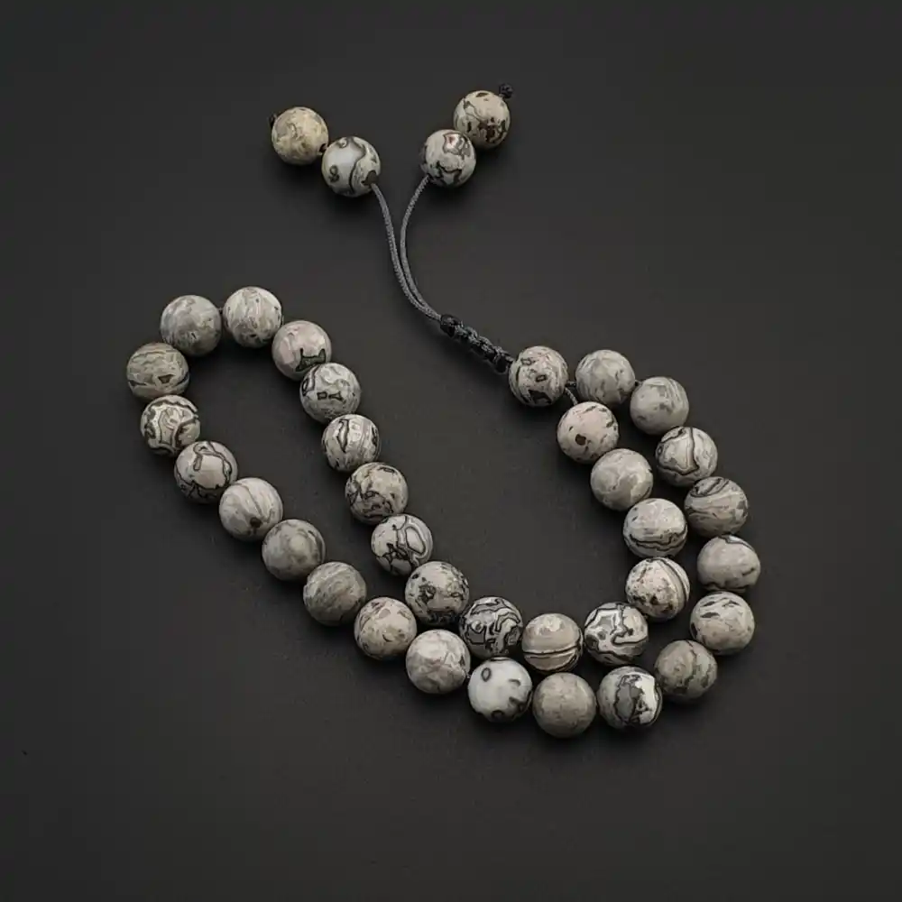 Orijinal Doğal Taş 8mm Map Jasper Taşı 33lü Tesbih, Erkek Hediye, El Yapımı Tesbih