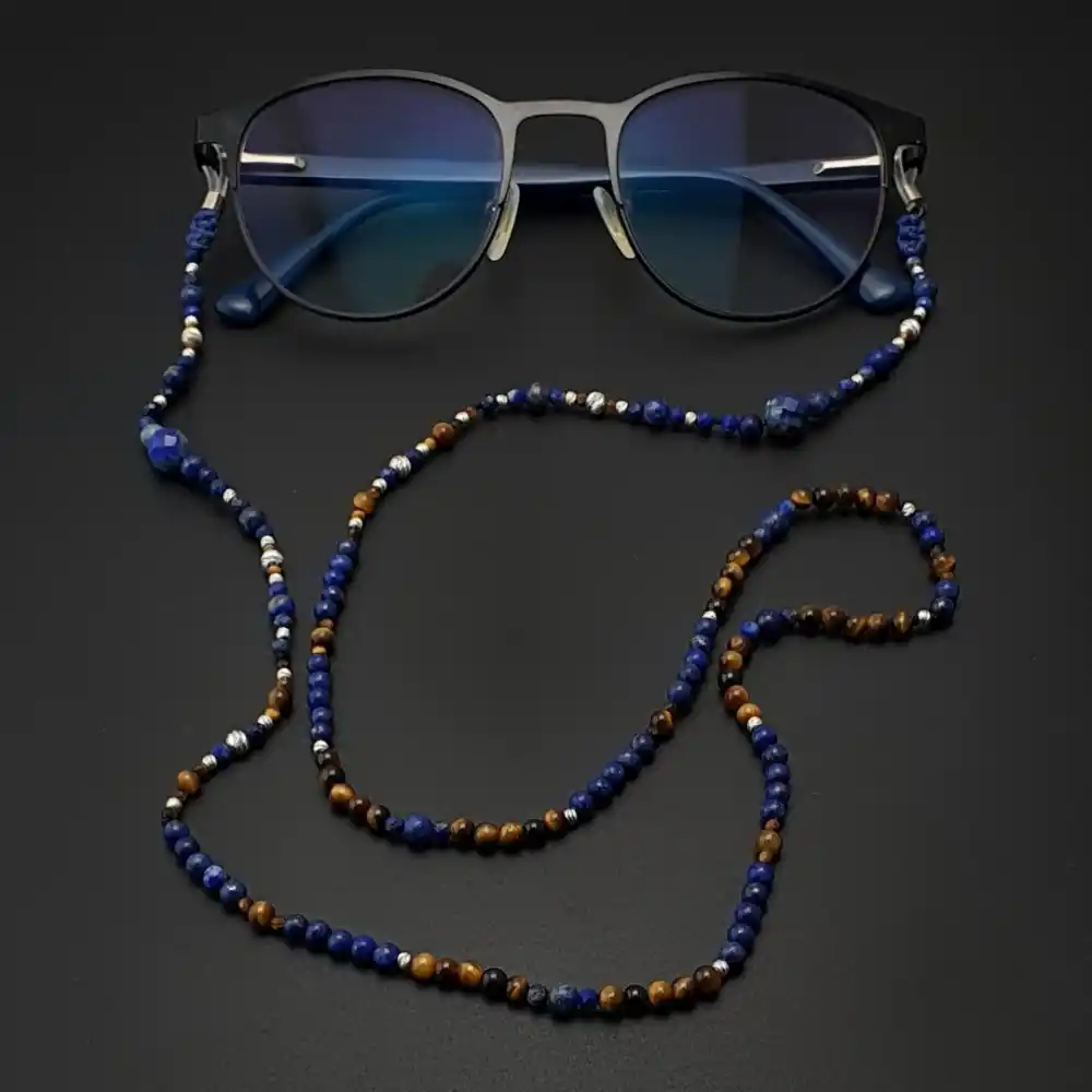 Orijinal Doğal Taş Lapis Kaplan Gözü Gümüş Gözlük İpi