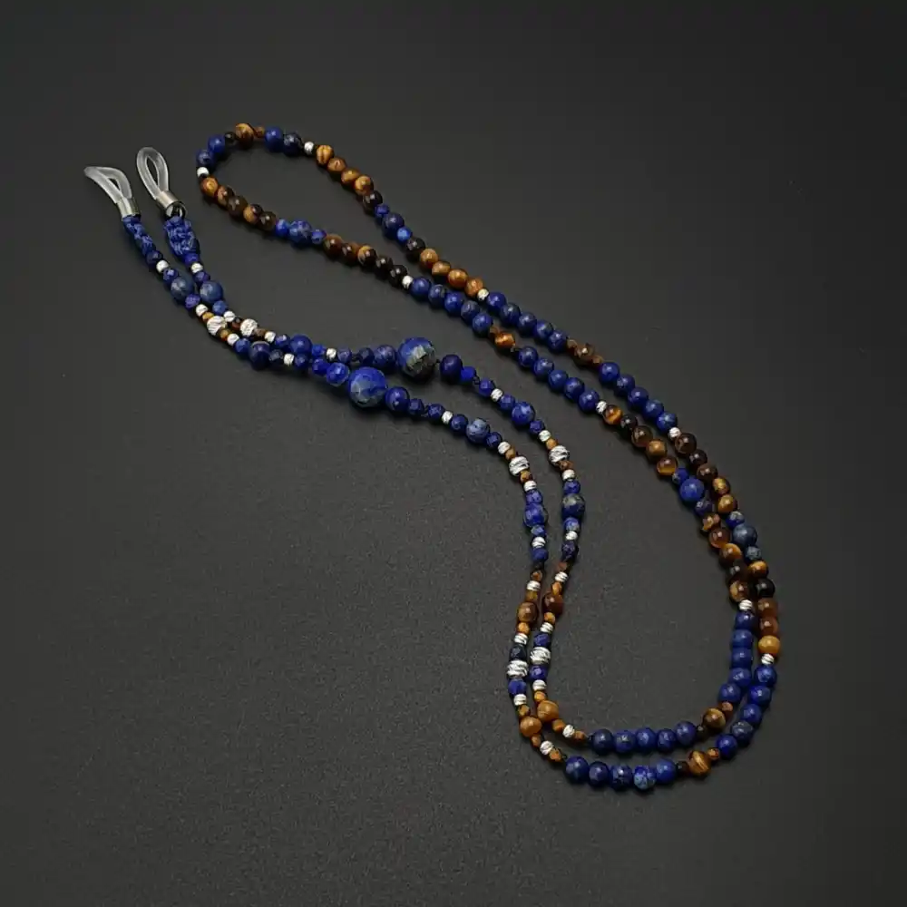 Orijinal Doğal Taş Lapis Kaplan Gözü Gümüş Gözlük İpi