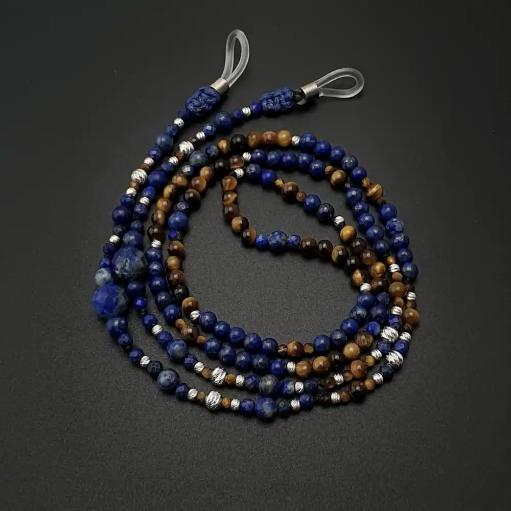 Orijinal Doğal Taş Lapis Kaplan Gözü Gümüş Gözlük İpi