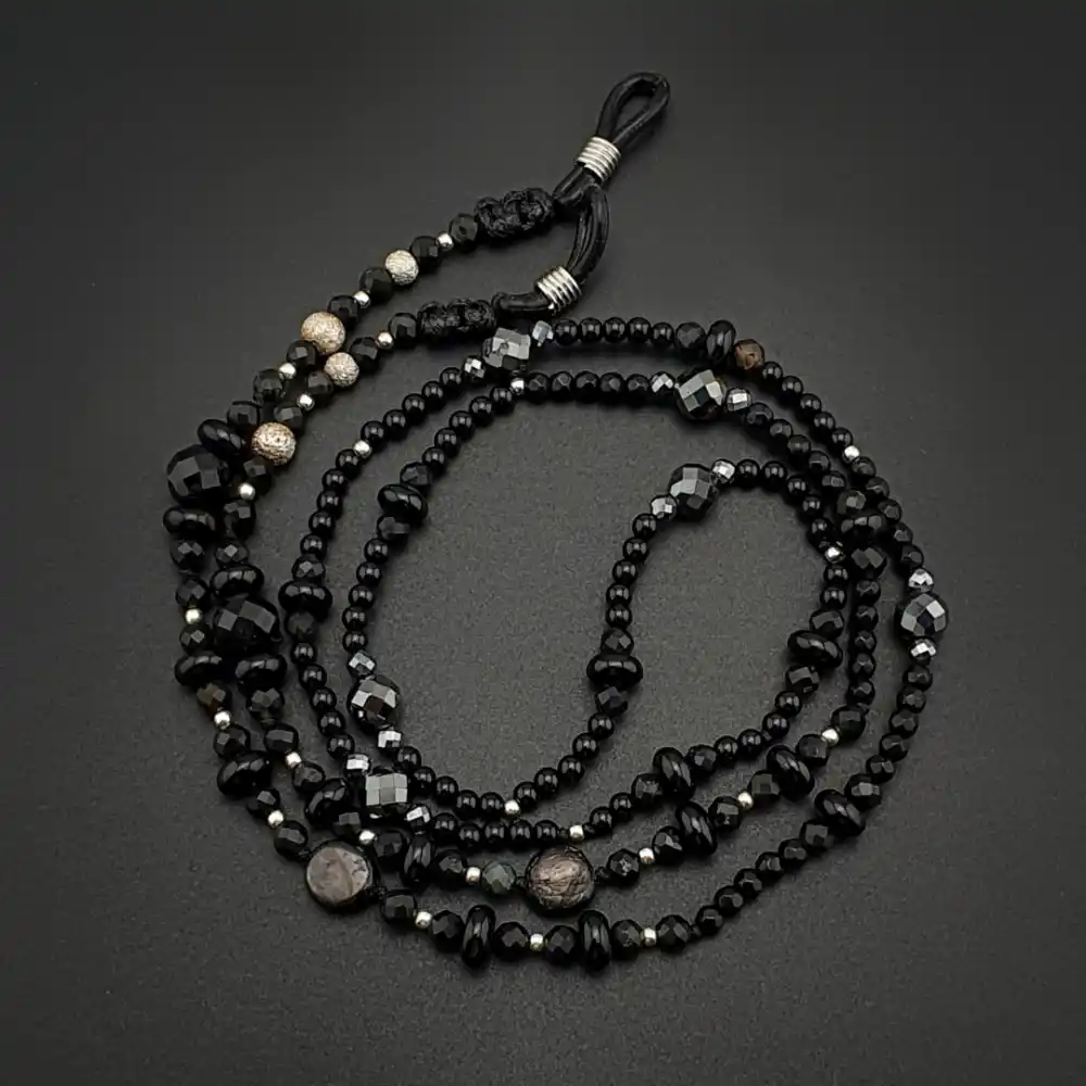 Orijinal Doğal Taş Hypersthene Turmalin Akik Hematit Gümüş Gözlük İpi