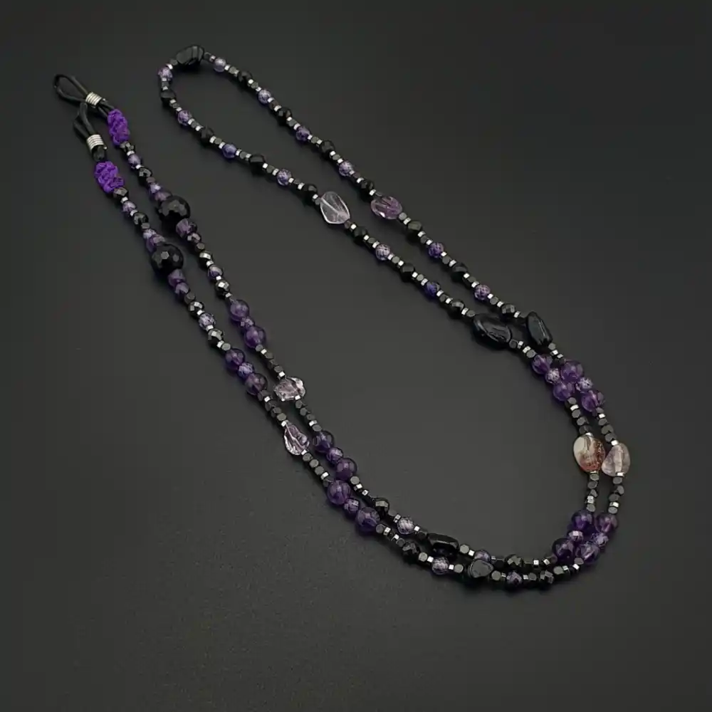 Orijinal Doğal Taş Ametist Zirkon Turmalin Hematit Akik Gözlük İpi