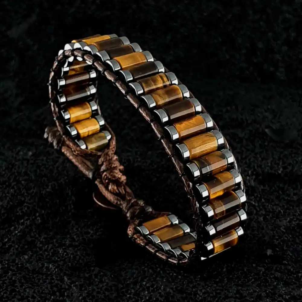 Orijinal Doğal Taş Kaplan Gözü Silindir Akik ve Hematit Kolye Bileklik Set