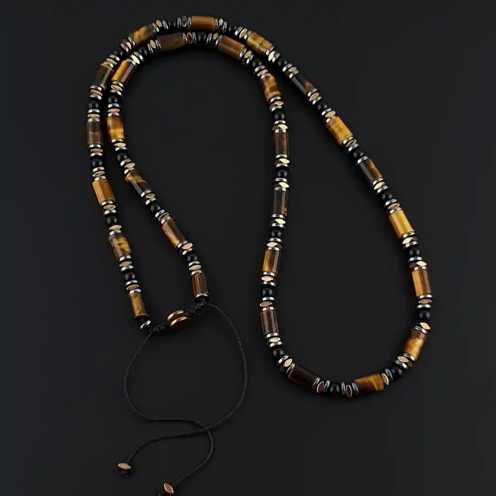 Orijinal Doğal Taş Kaplan Gözü Silindir Akik ve Hematit Kolye Bileklik Set