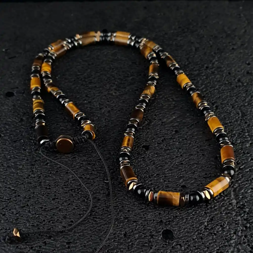 Orijinal Doğal Taş Kaplan Gözü Silindir Akik ve Hematit Kolye Bileklik Set