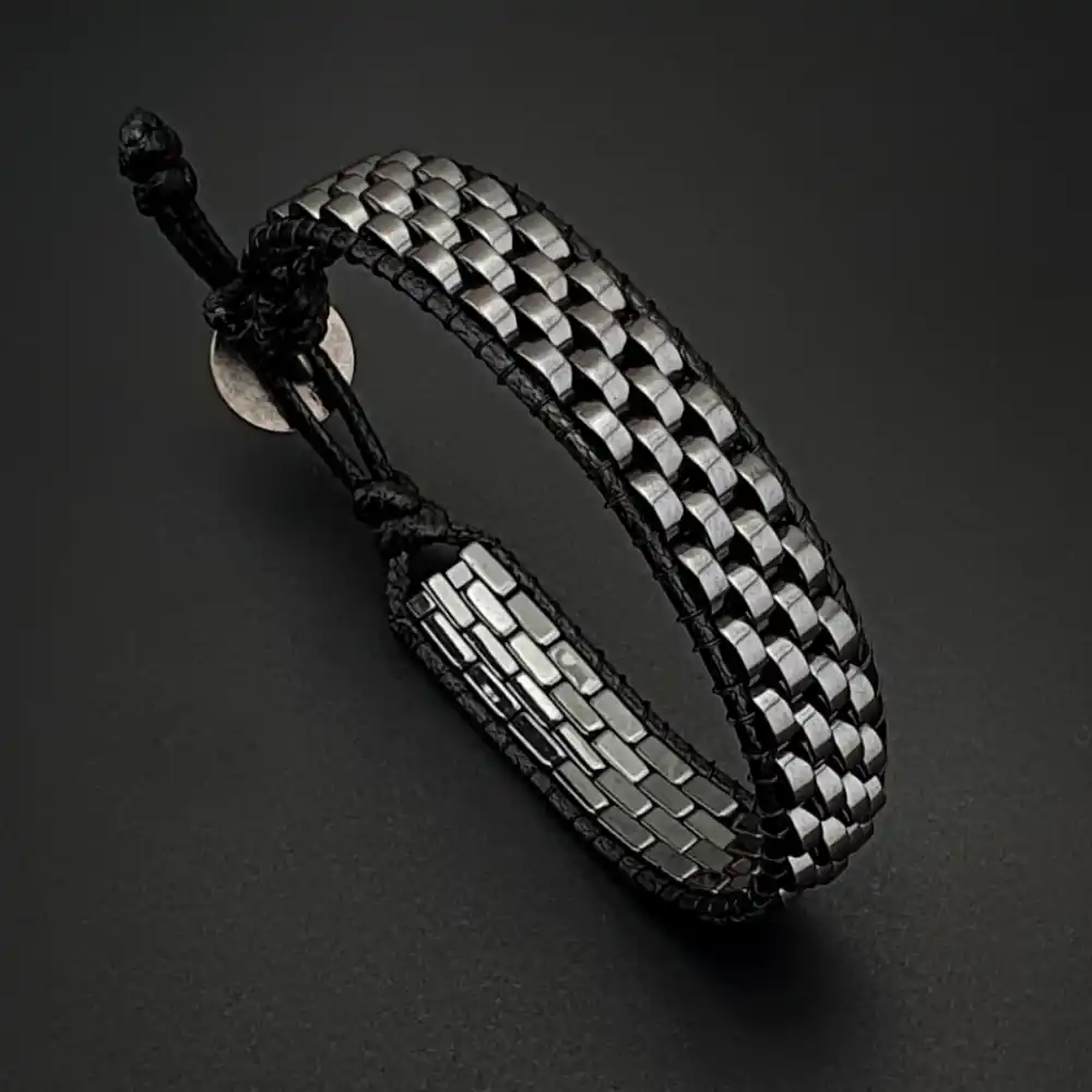 Doğal Taş Gümüş Renk Hematit Taşı Hasır Tarz Bileklik