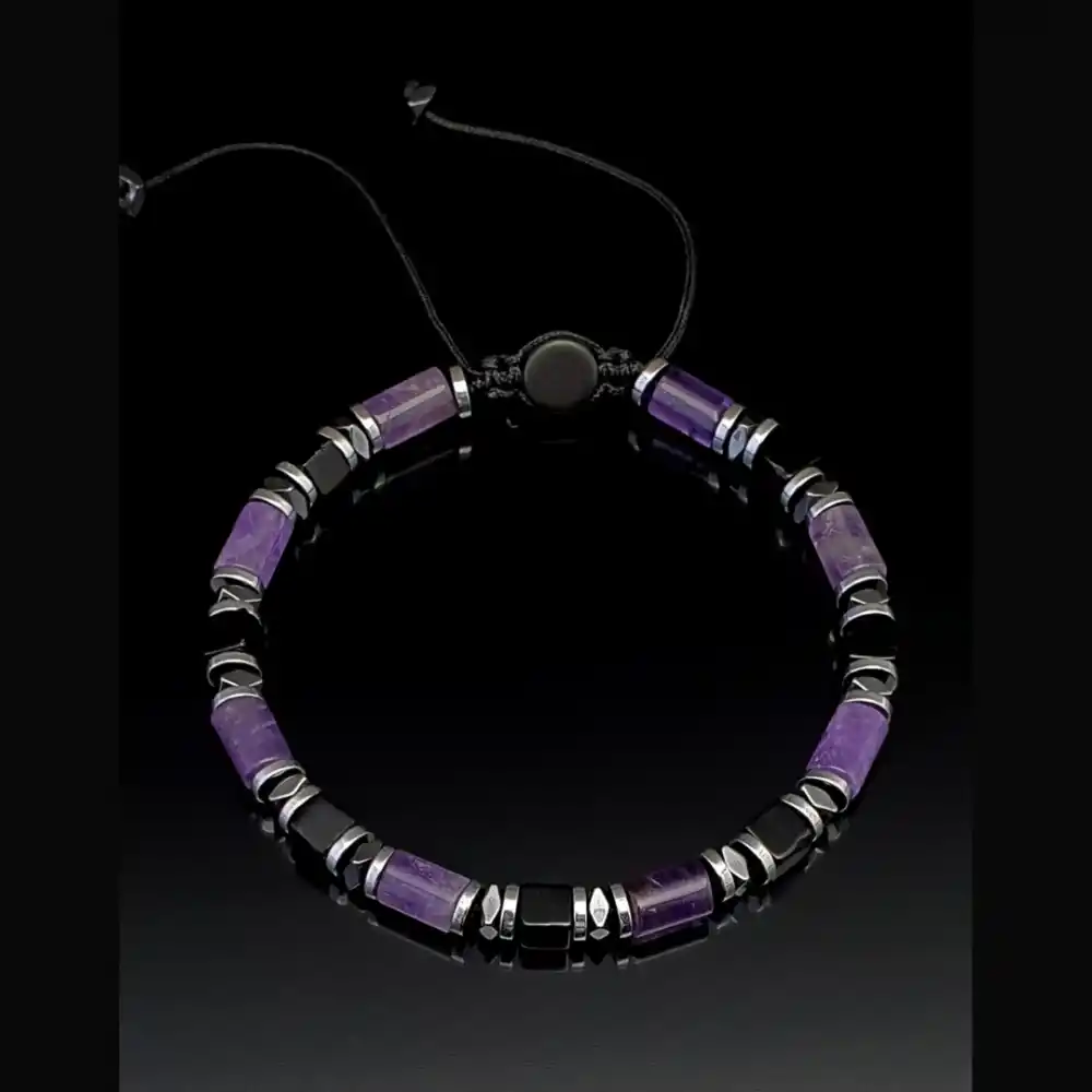 Ametist, Akik ve Hematit Doğal Taş Slim Makrome Bileklik, Ayarlanabilir