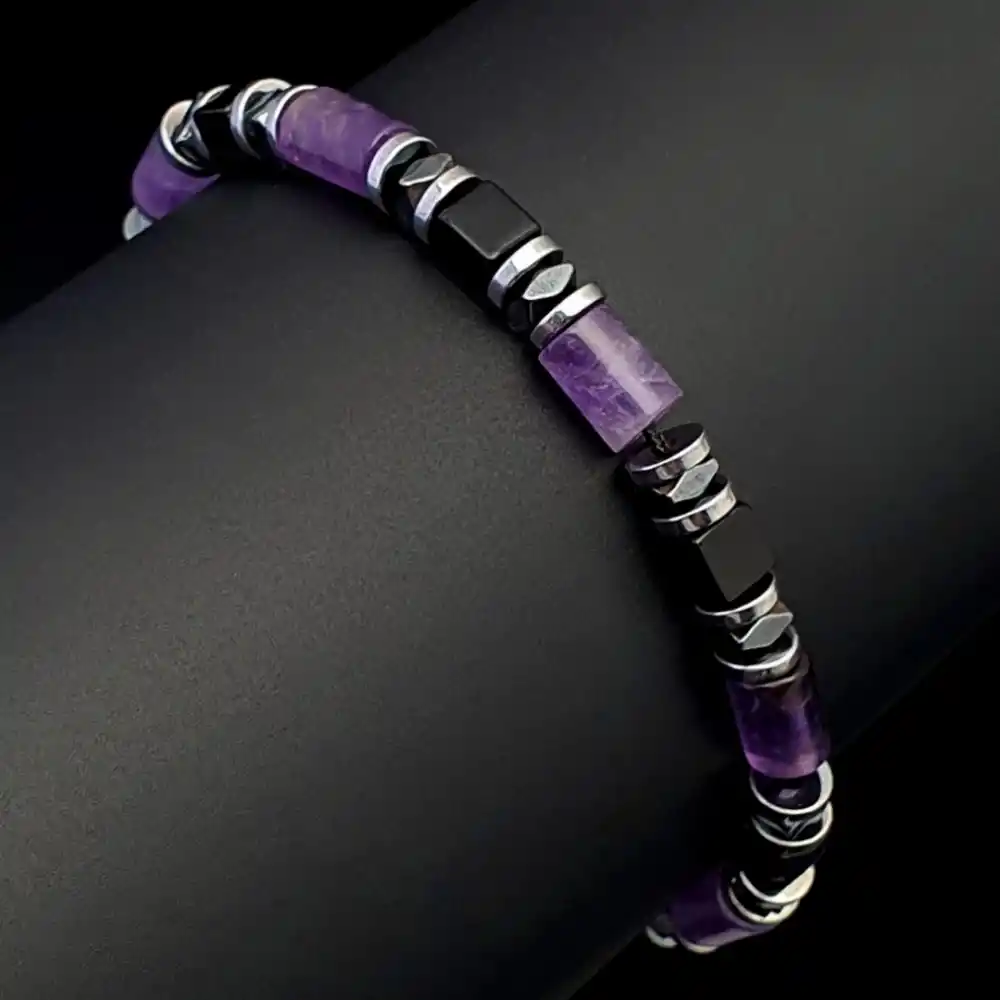 Ametist, Akik ve Hematit Doğal Taş Slim Makrome Bileklik, Ayarlanabilir