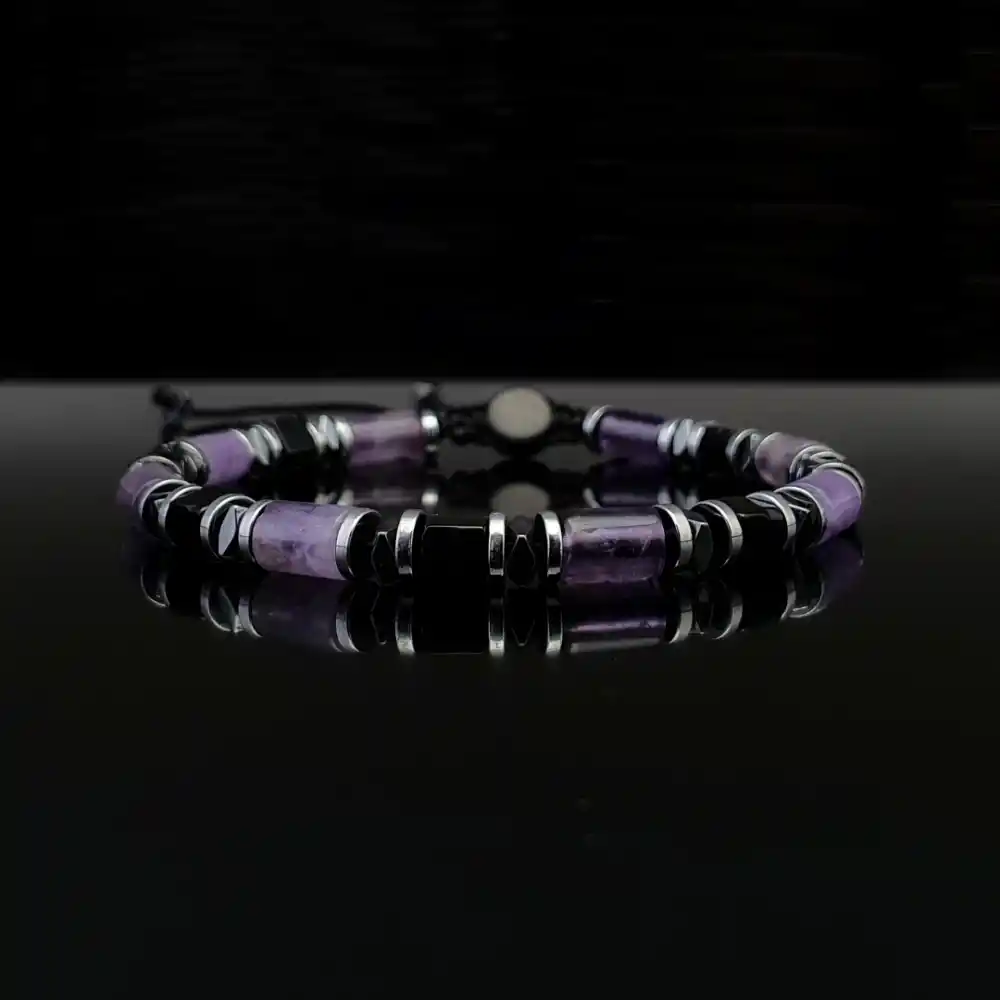 Ametist, Akik ve Hematit Doğal Taş Slim Makrome Bileklik, Ayarlanabilir