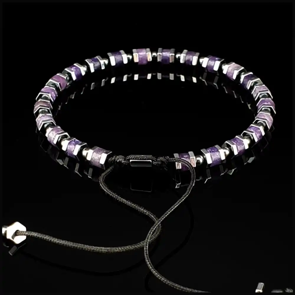 Ametist, Hematit Taşları Slim Doğal Taş Makrome Bileklik, Ayarlanabilir