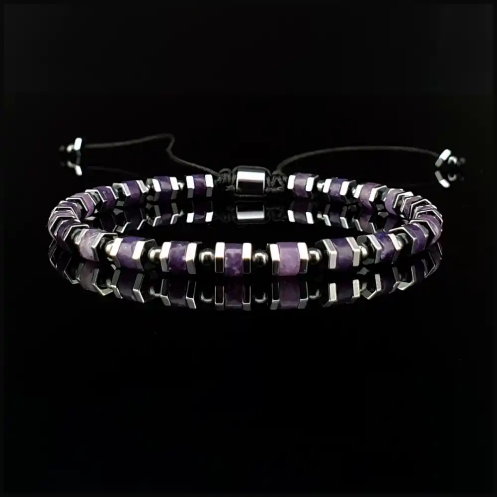 Ametist, Hematit Taşları Slim Doğal Taş Makrome Bileklik, Ayarlanabilir