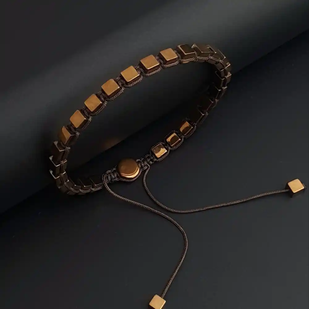 Bakır Renk Hematit Küp Makrome Bileklik