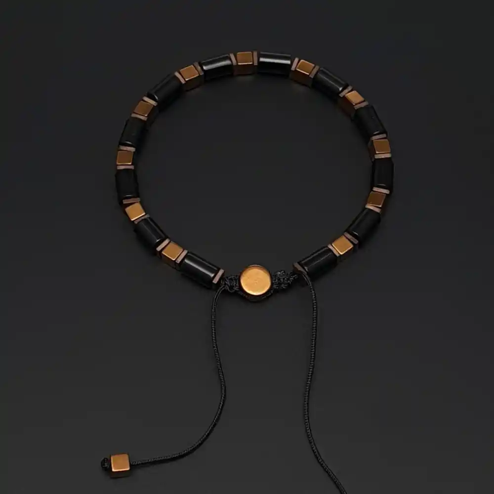 Bakır Renk Hematit Küp ve Akik Taşı Makrome Bileklik