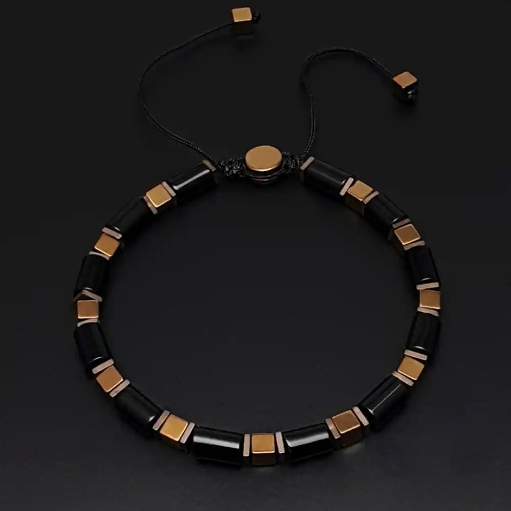 Bakır Renk Hematit Küp ve Akik Taşı Makrome Bileklik